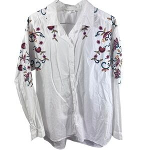 Beachlunchlounge Shirt Womens Medium White Embroidered Floral Button Up Boho Top